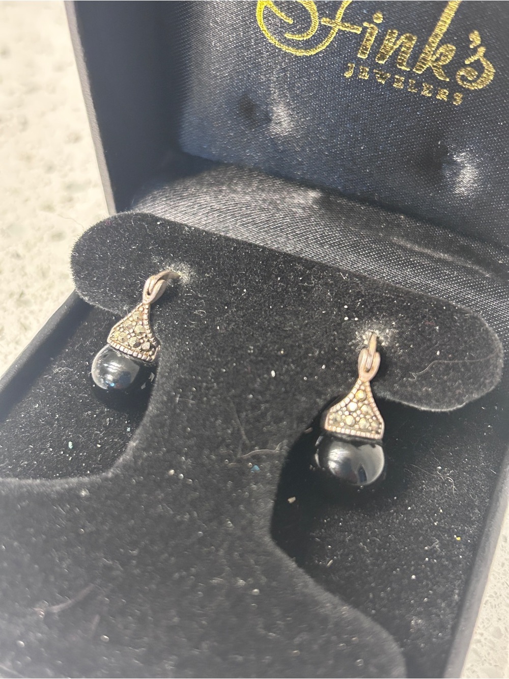 Designer-Inspired Black Pearl Drop Earrings with Marcasite Accents